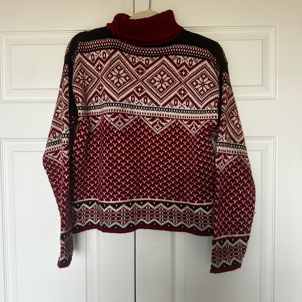 Vintage Fair Isle Festive Knit Holiday Red Turtleneck Sweater - Picture 3 of 4